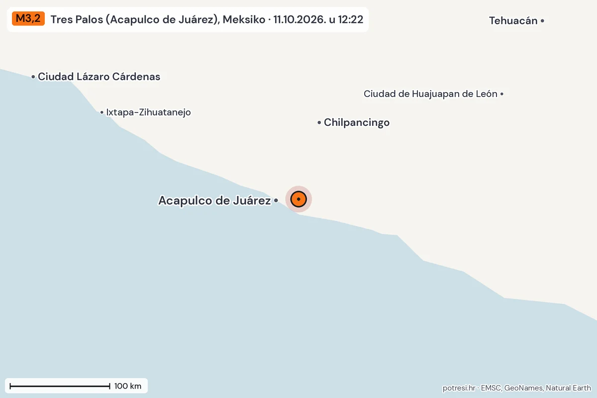 Karta: šire područje, 600 km, potres M3,2, Tres Palos (Acapulco de Juárez), Meksiko, 11.10.2026.