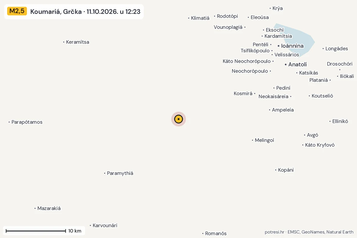Karta: okolica epicentra, 60 km, potres M2,5, Koumariá, Grčka, 11.10.2026.