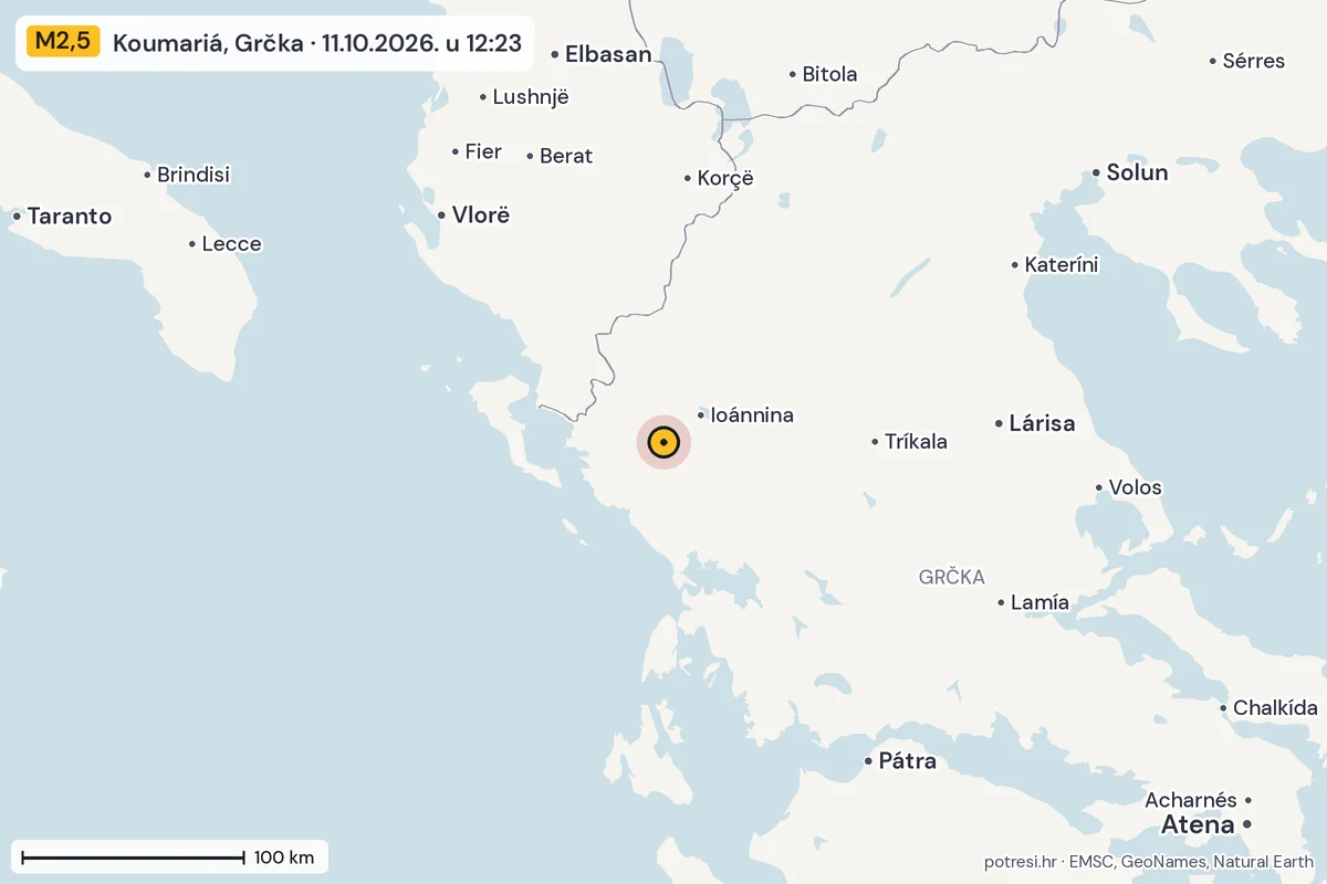Karta: šire područje, 600 km, potres M2,5, Koumariá, Grčka, 11.10.2026.