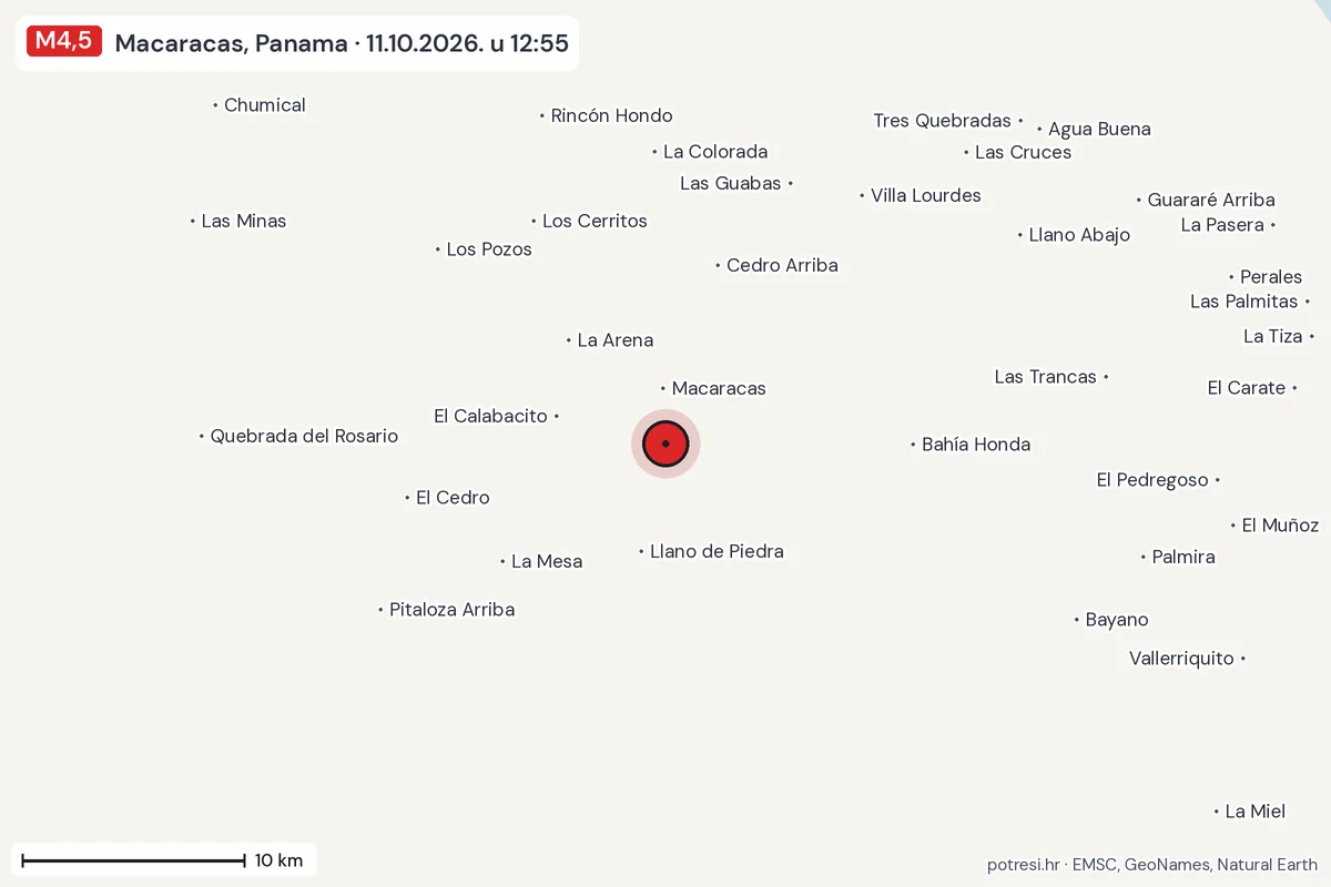Karta: okolica epicentra, 60 km, potres M4,5, Macaracas, Panama, 11.10.2026.