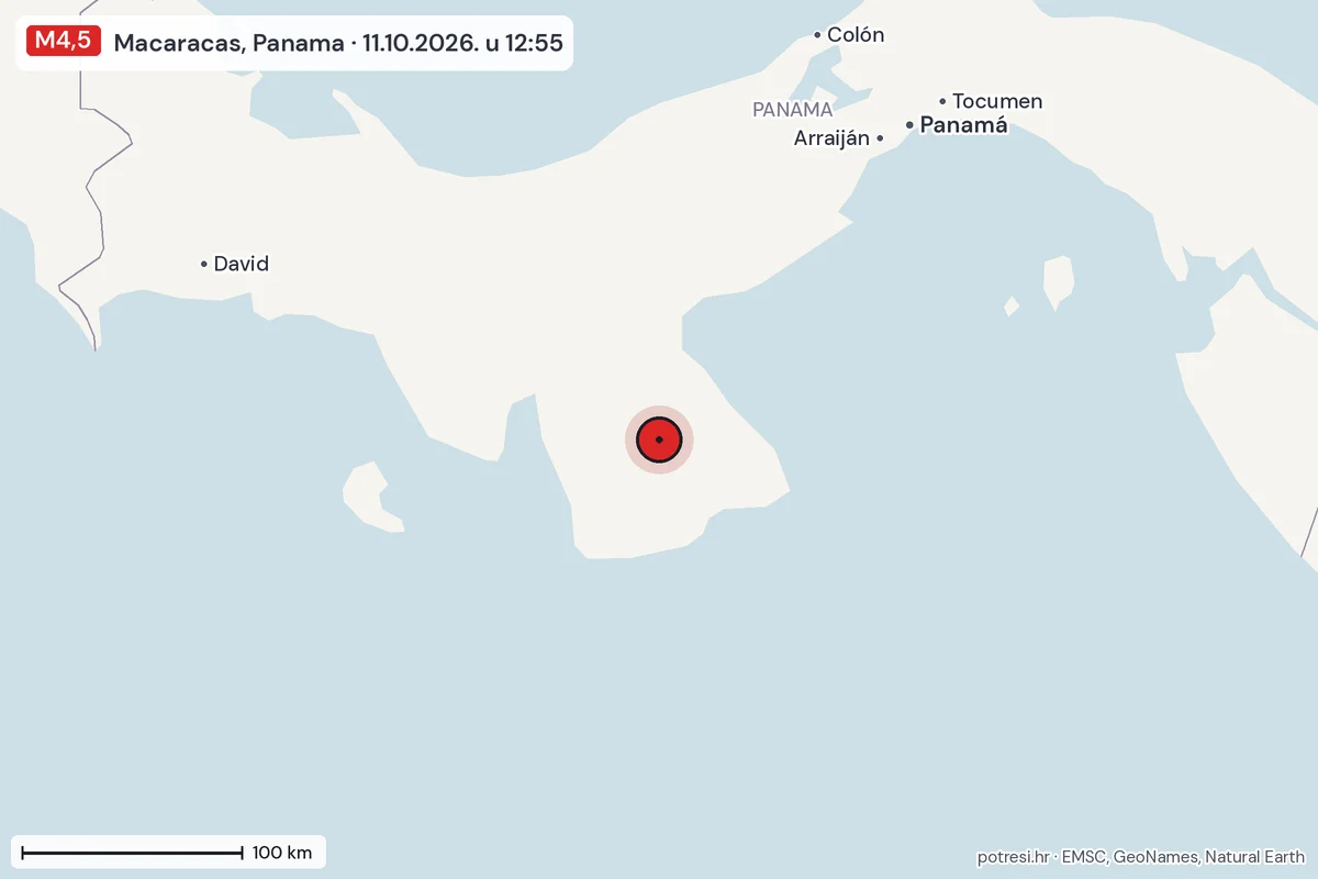 Karta: šire područje, 600 km, potres M4,5, Macaracas, Panama, 11.10.2026.