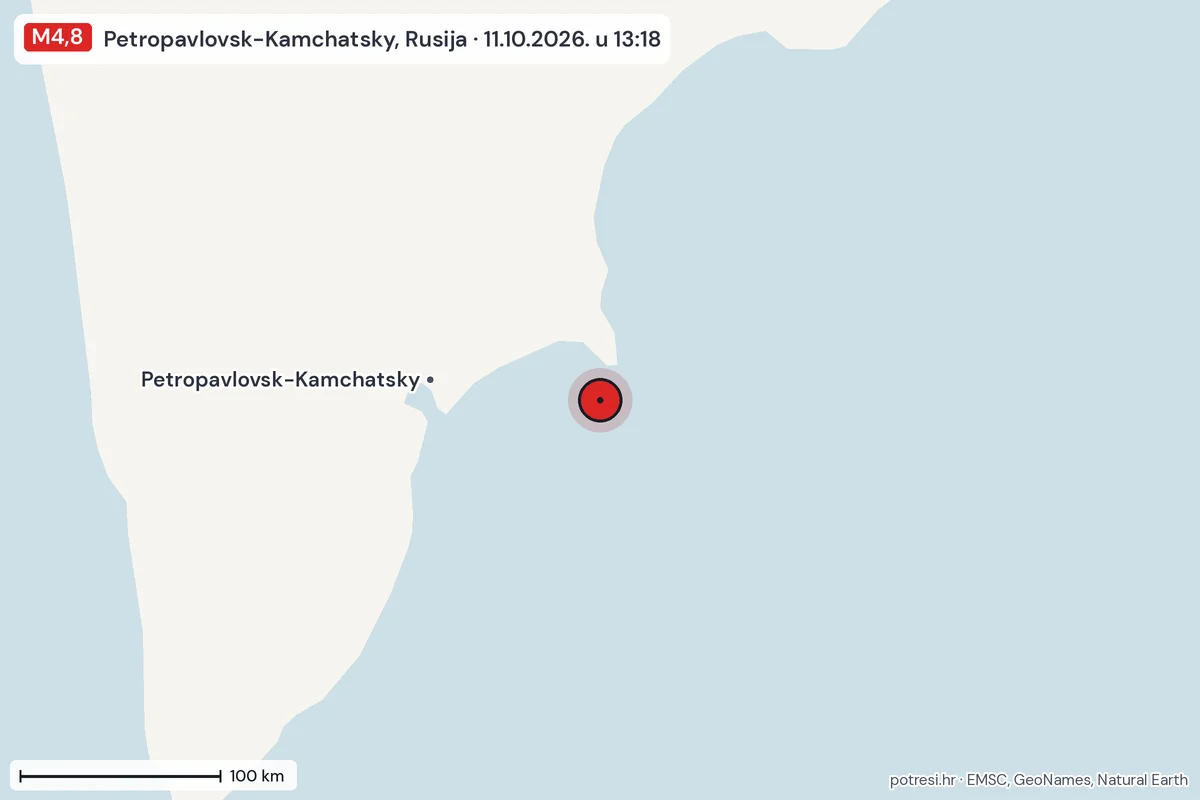 Karta: šire područje, 600 km, potres M4,8, Petropavlovsk-Kamchatsky, Rusija, 11.10.2026.