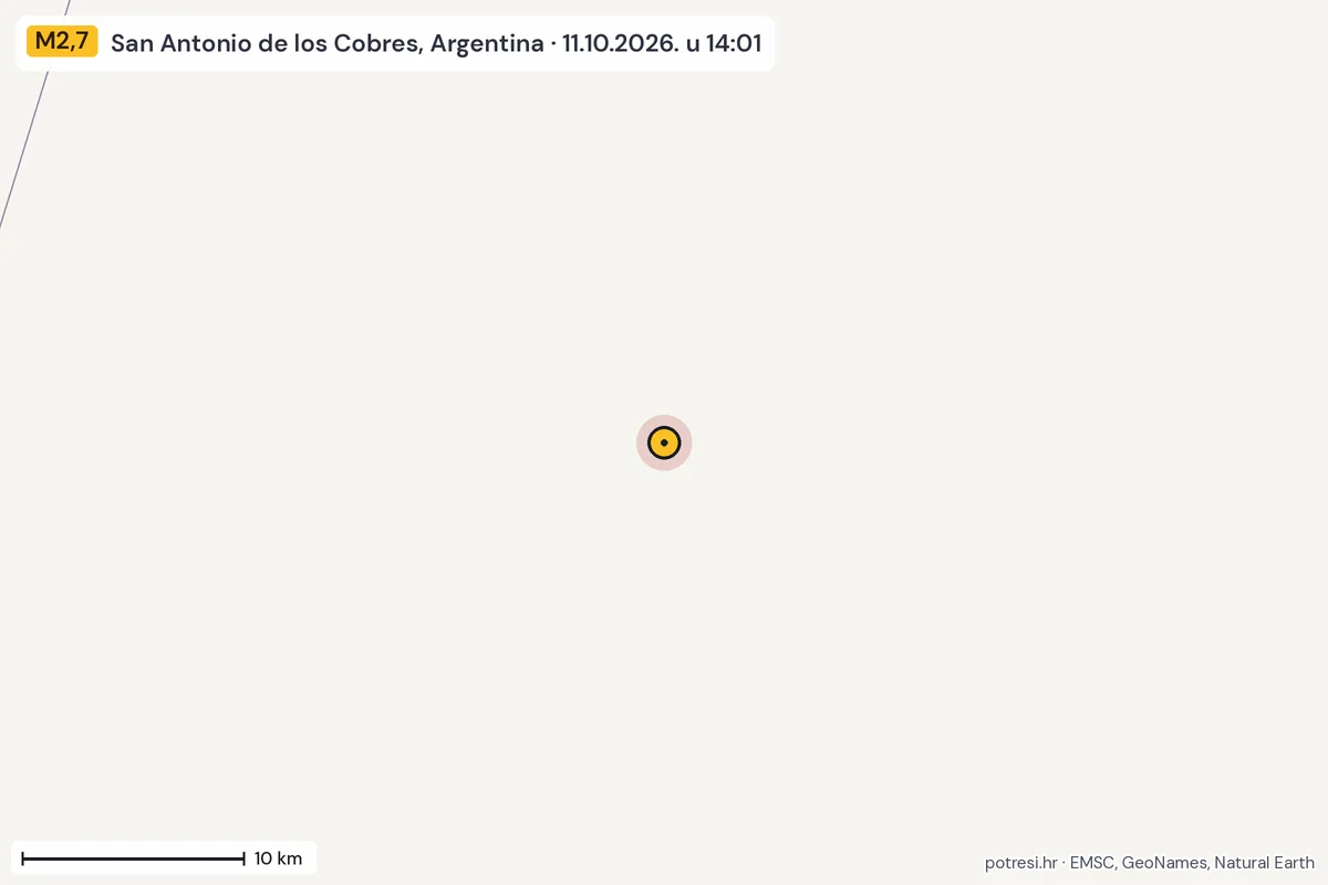 Karta: okolica epicentra, 60 km, potres M2,7, San Antonio de los Cobres, Argentina, 11.10.2026.