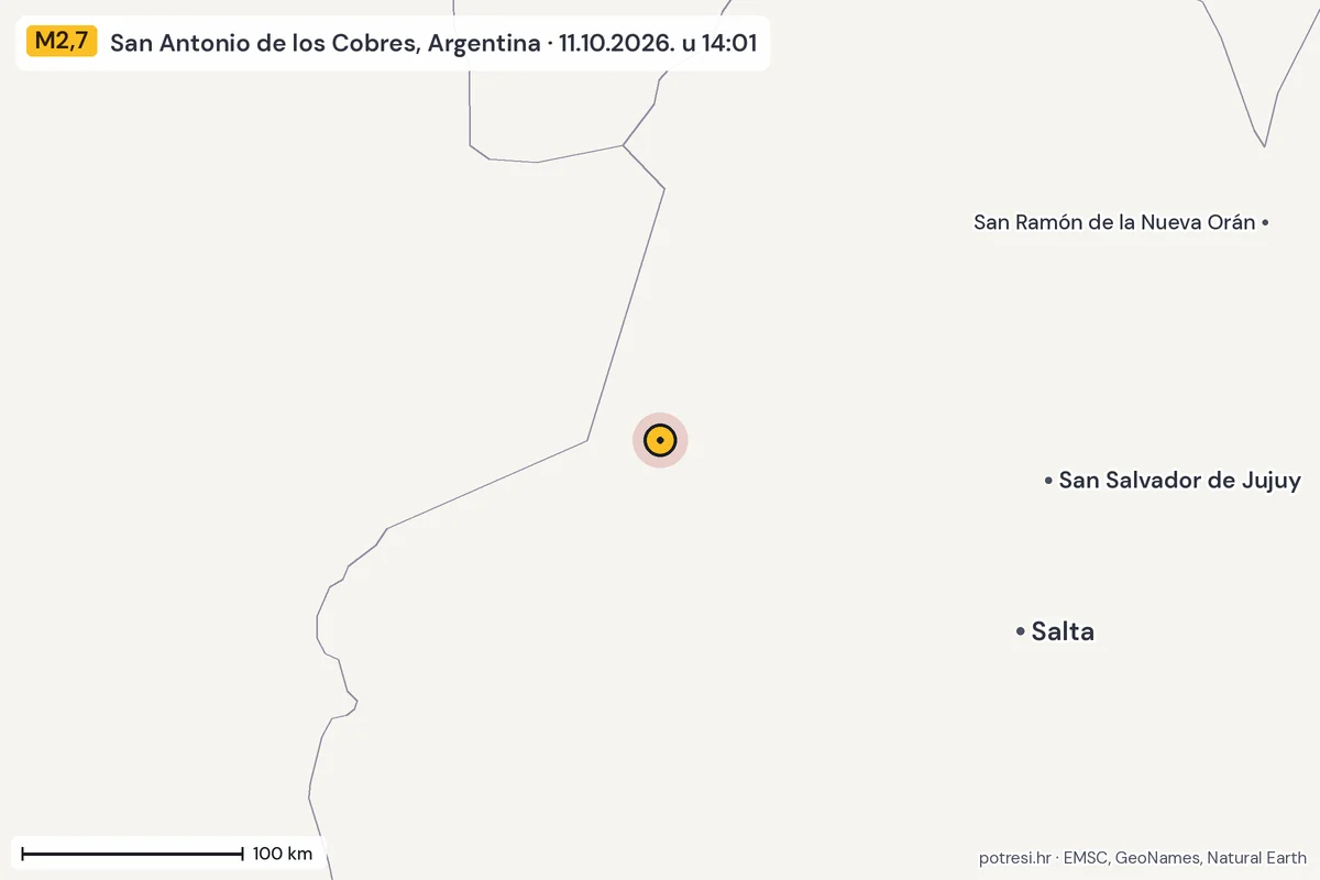 Karta: šire područje, 600 km, potres M2,7, San Antonio de los Cobres, Argentina, 11.10.2026.