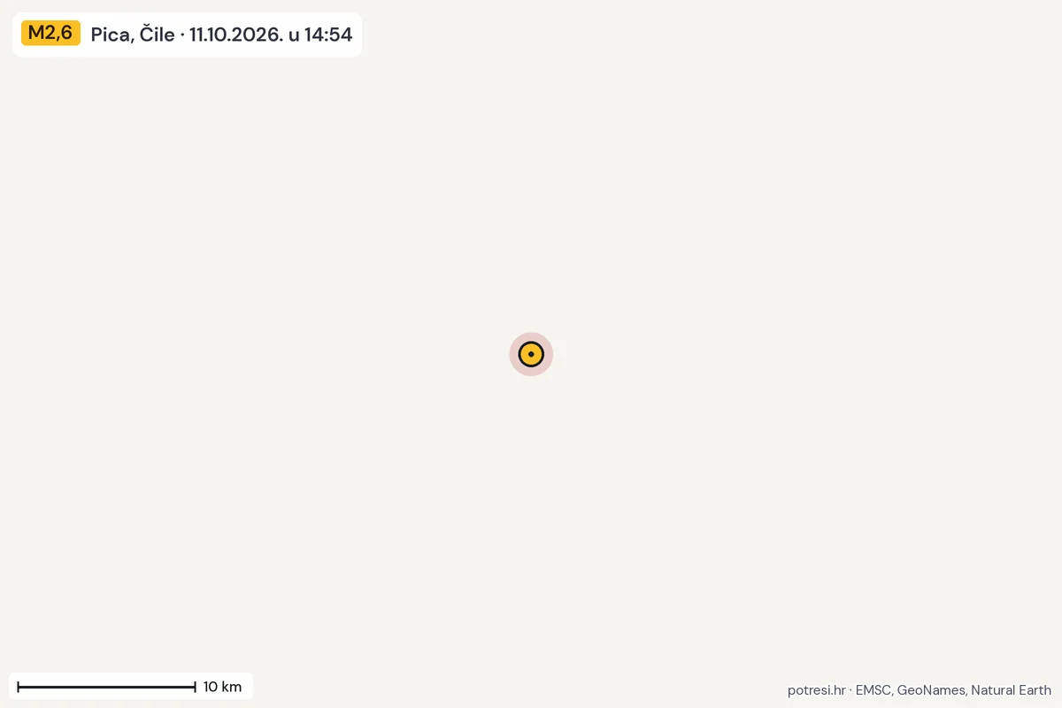 Karta: okolica epicentra, 60 km, potres M2,6, Pica, Čile, 11.10.2026.