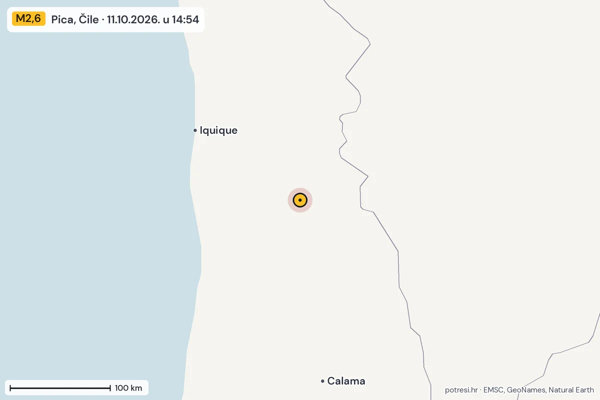 Karta: šire područje, 600 km, potres M2,6, Pica, Čile, 11.10.2026.
