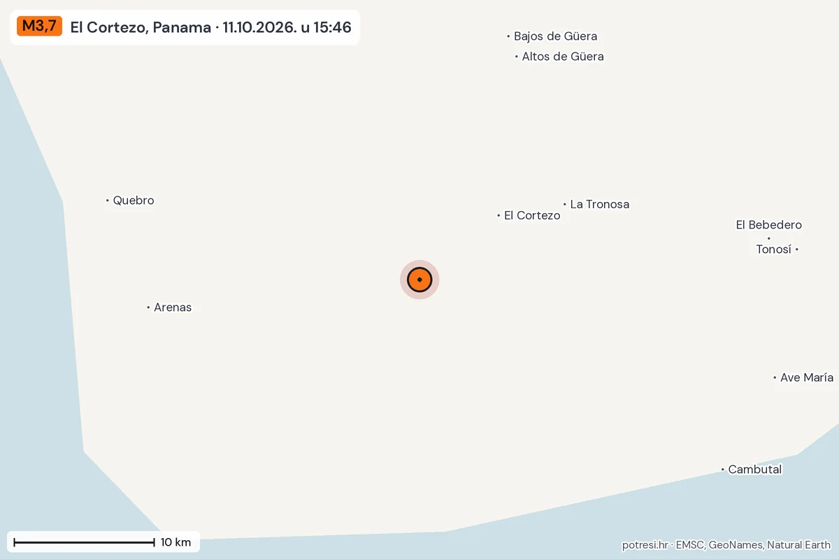 Karta: okolica epicentra, 60 km, potres M3,7, El Cortezo, Panama, 11.10.2026.