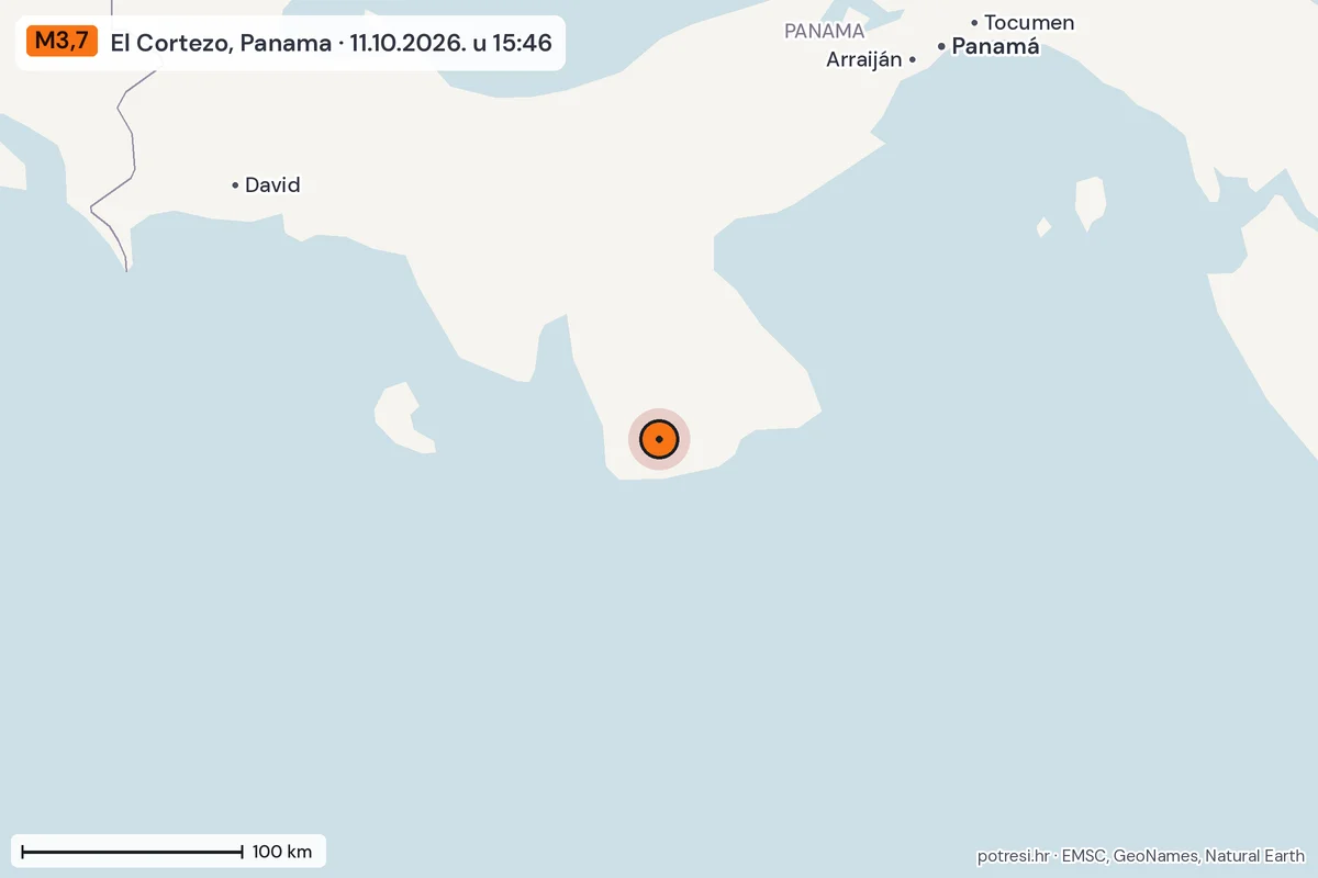 Karta: šire područje, 600 km, potres M3,7, El Cortezo, Panama, 11.10.2026.
