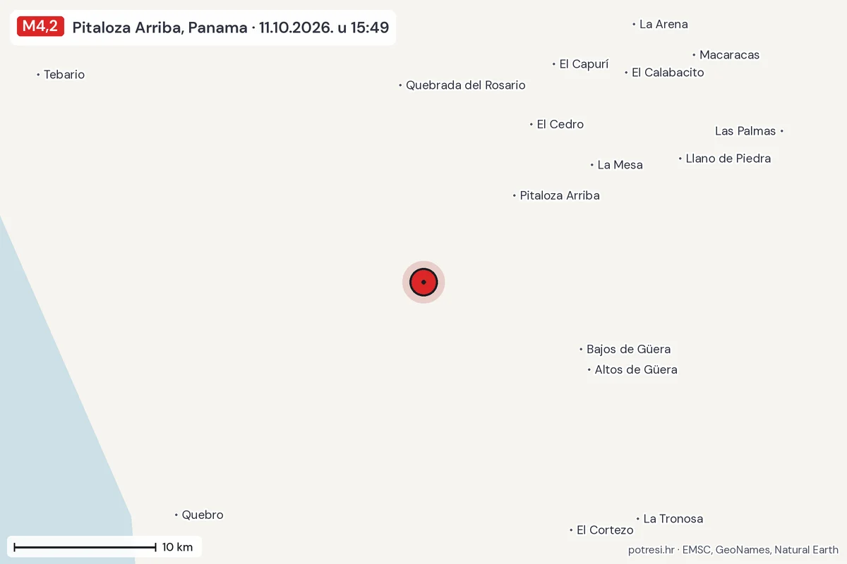 Karta: okolica epicentra, 60 km, potres M4,2, Pitaloza Arriba, Panama, 11.10.2026.