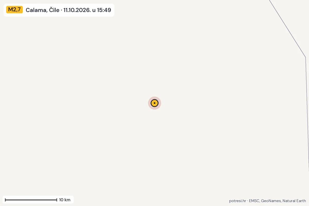 Karta: okolica epicentra, 60 km, potres M2,7, Calama, Čile, 11.10.2026.