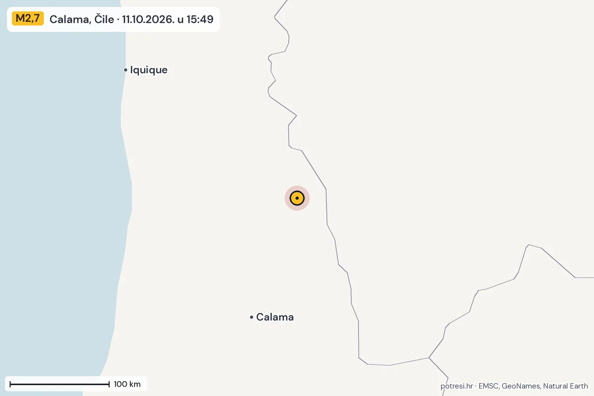 Karta: šire područje, 600 km, potres M2,7, Calama, Čile, 11.10.2026.