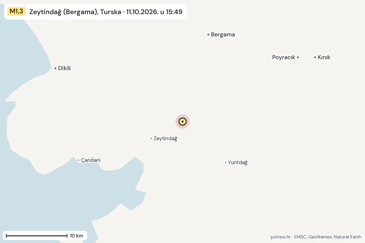 Karta: okolica epicentra, 60 km, potres M1,3, Zeytindağ (Bergama), Turska, 11.10.2026.