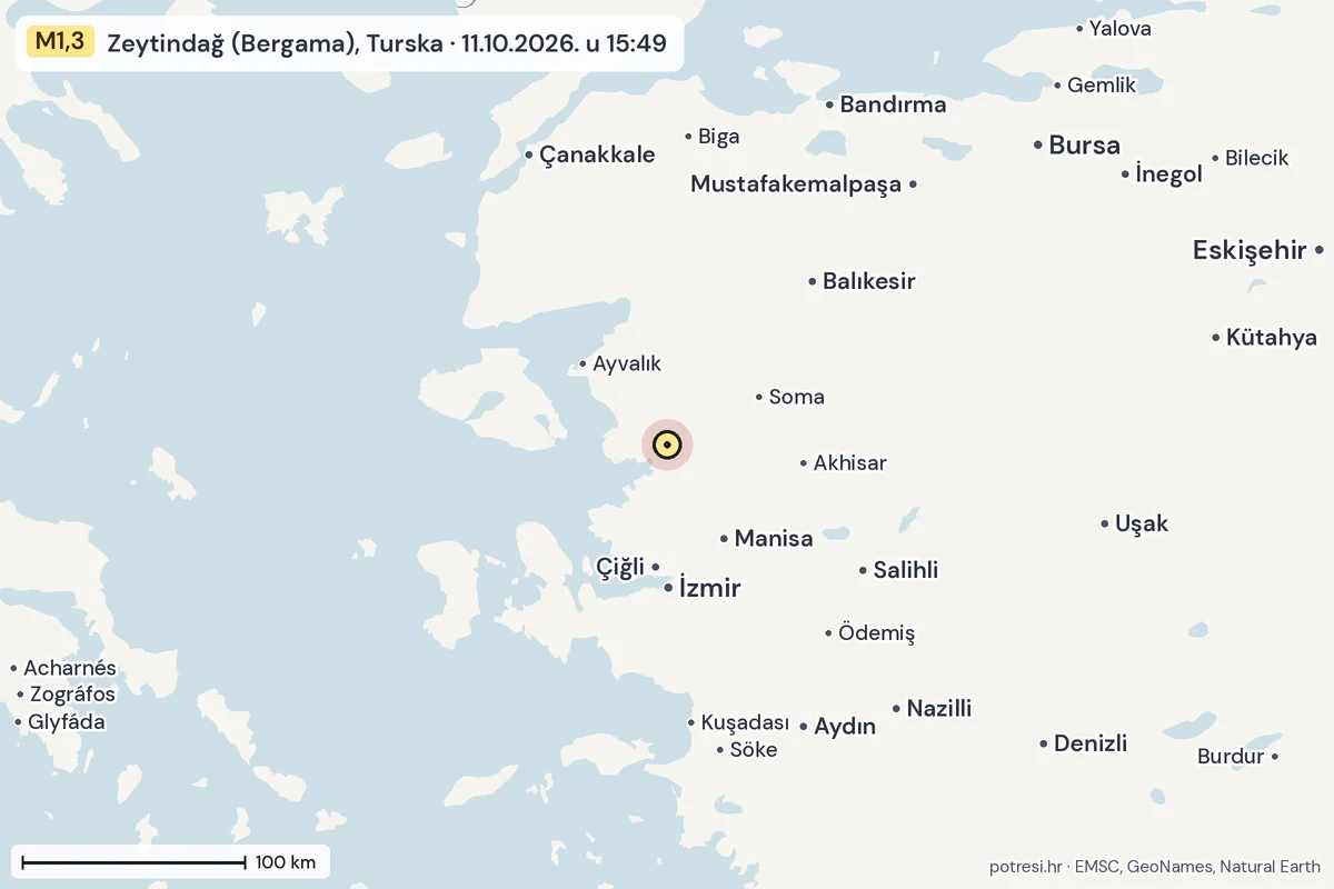 Karta: šire područje, 600 km, potres M1,3, Zeytindağ (Bergama), Turska, 11.10.2026.