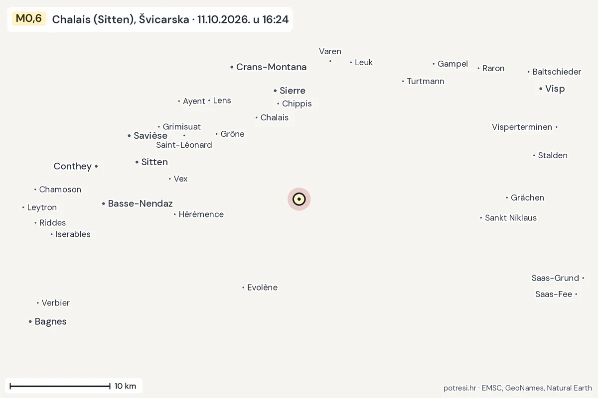 Karta: okolica epicentra, 60 km, potres M0,6, Chalais (Sitten), Švicarska, 11.10.2026.