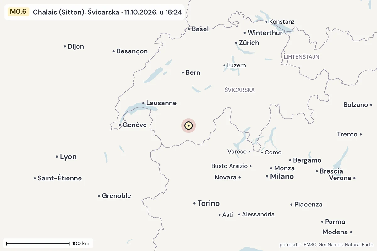 Karta: šire područje, 600 km, potres M0,6, Chalais (Sitten), Švicarska, 11.10.2026.