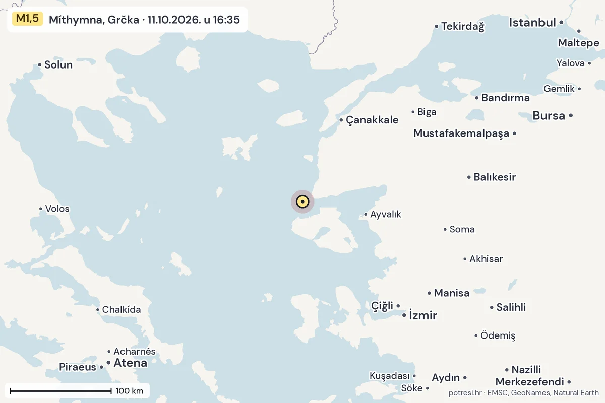 Karta: šire područje, 600 km, potres M1,5, Míthymna, Grčka, 11.10.2026.