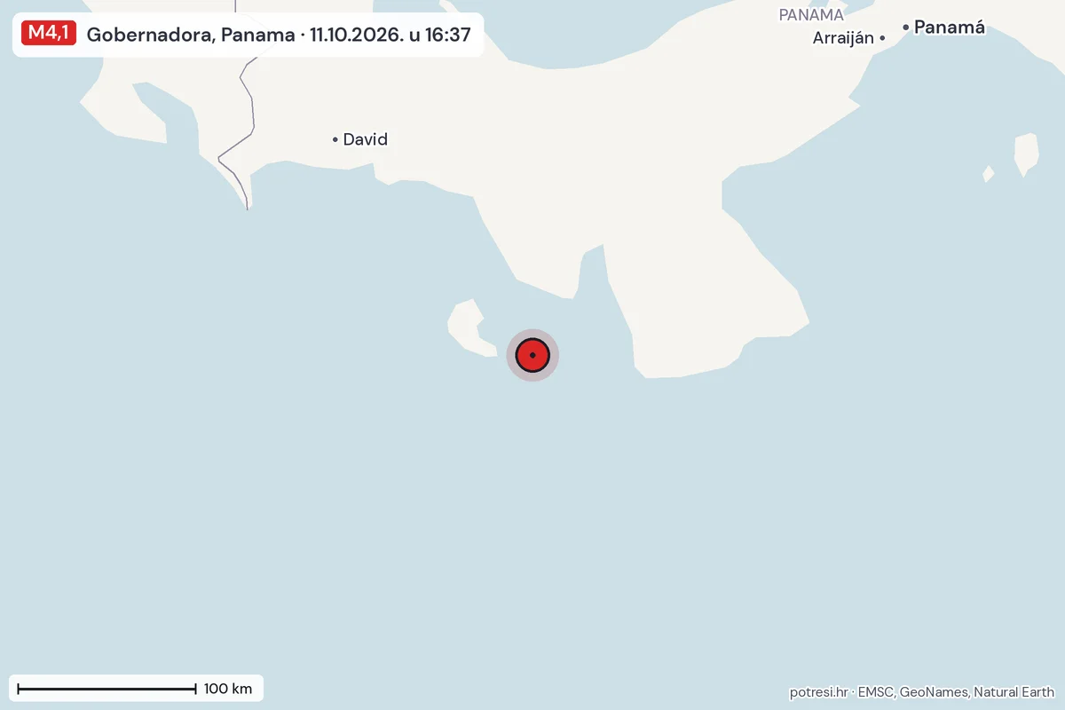 Karta: šire područje, 600 km, potres M4,1, Gobernadora, Panama, 11.10.2026.