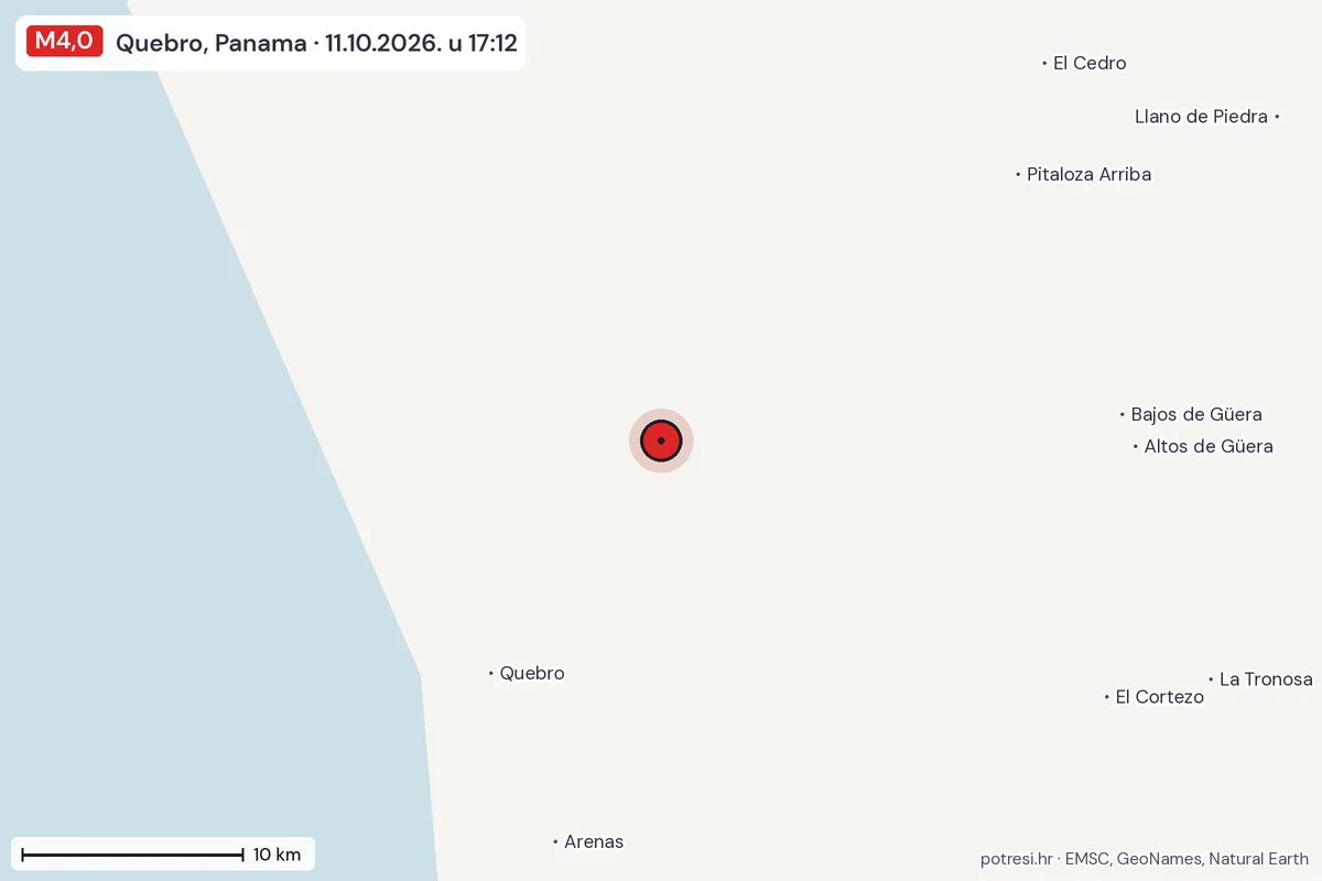 Karta: okolica epicentra, 60 km, potres M4,0, Quebro, Panama, 11.10.2026.