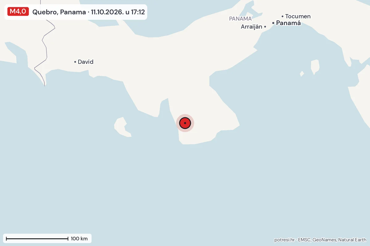 Karta: šire područje, 600 km, potres M4,0, Quebro, Panama, 11.10.2026.