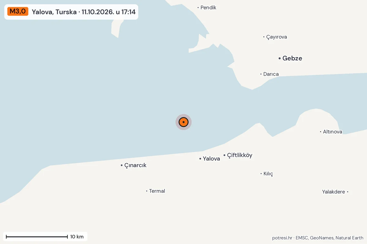 Karta: okolica epicentra, 60 km, potres M3,0, Yalova, Turska, 11.10.2026.