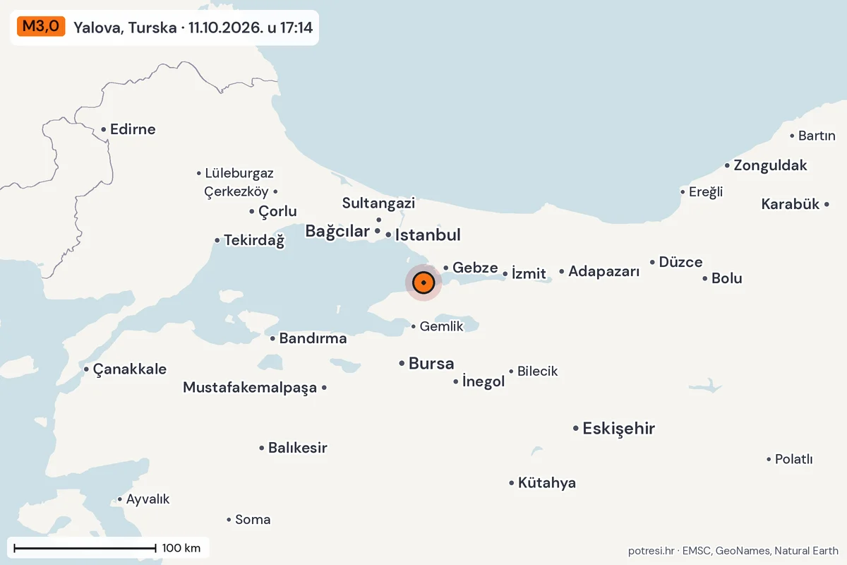 Karta: šire područje, 600 km, potres M3,0, Yalova, Turska, 11.10.2026.