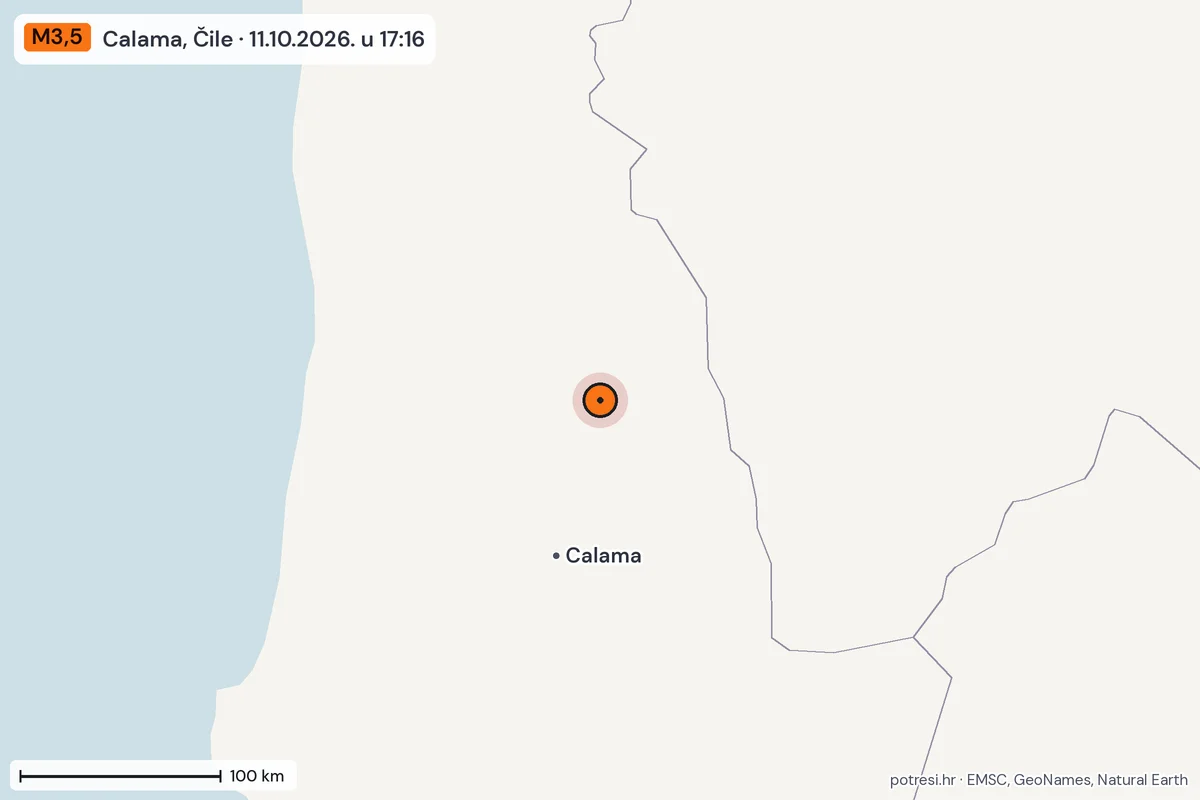 Karta: šire područje, 600 km, potres M3,5, Calama, Čile, 11.10.2026.