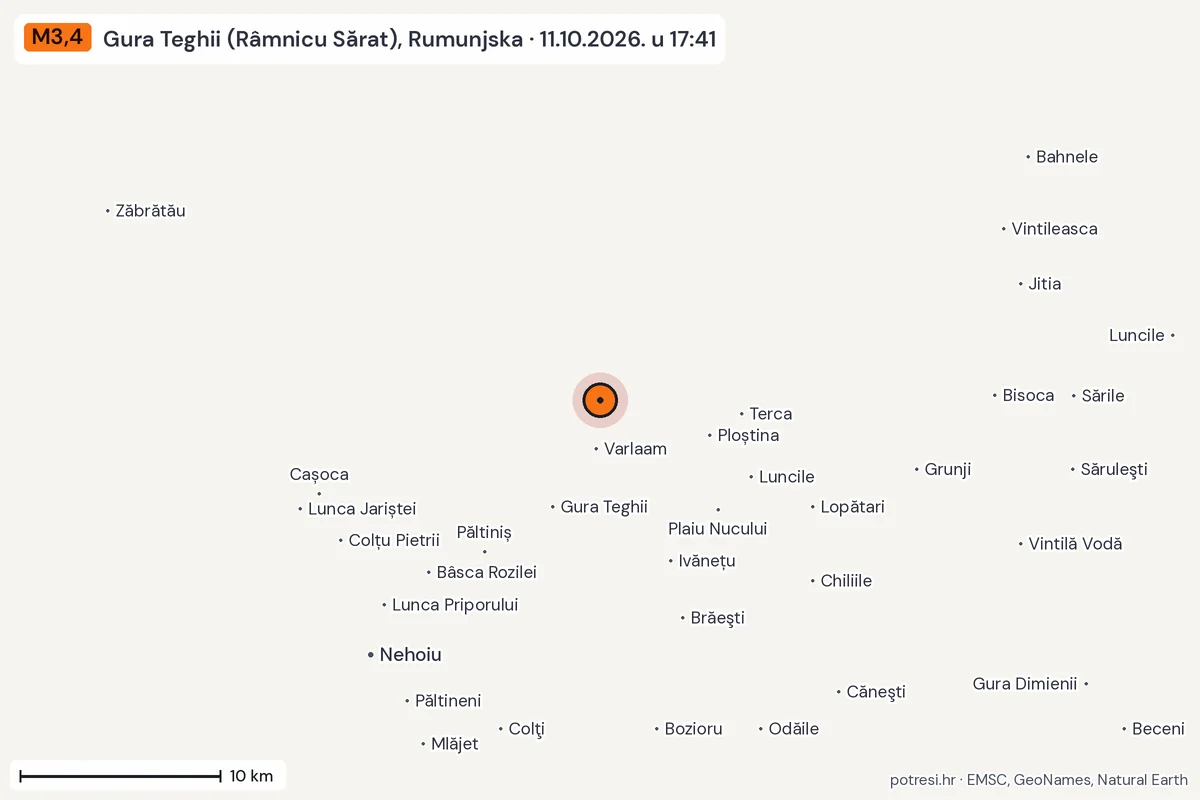 Karta: okolica epicentra, 60 km, potres M3,4, Gura Teghii (Râmnicu Sărat), Rumunjska, 11.10.2026.