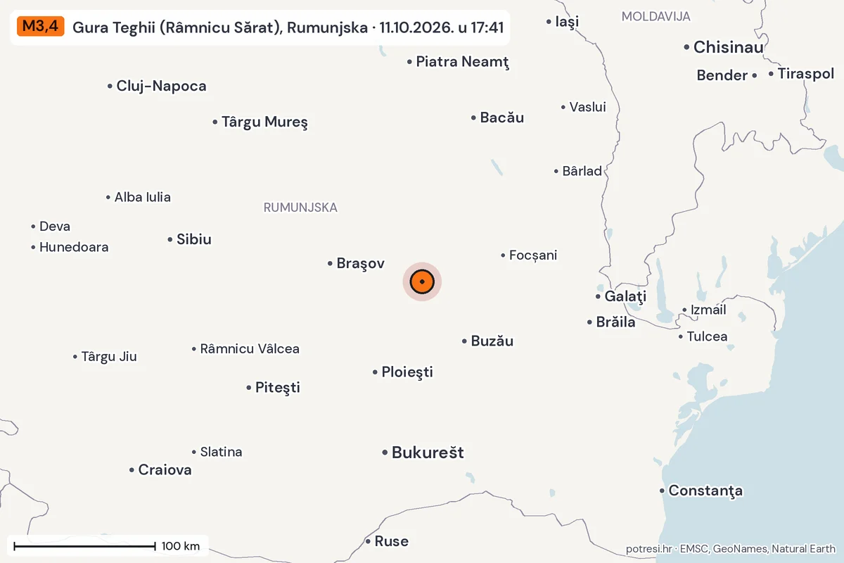 Karta: šire područje, 600 km, potres M3,4, Gura Teghii (Râmnicu Sărat), Rumunjska, 11.10.2026.