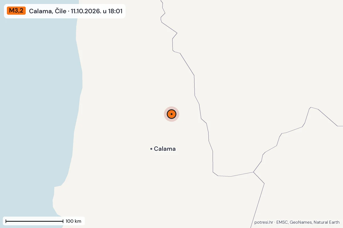 Karta: šire područje, 600 km, potres M3,2, Calama, Čile, 11.10.2026.