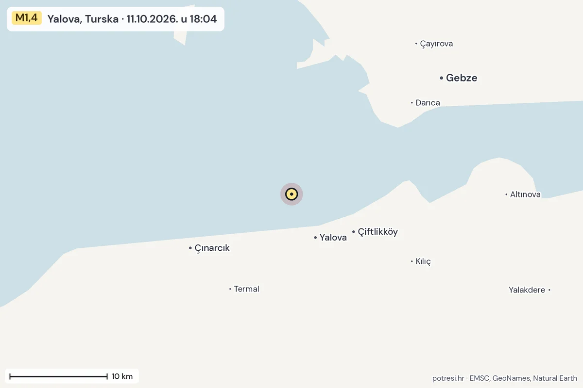 Karta: okolica epicentra, 60 km, potres M1,4, Yalova, Turska, 11.10.2026.