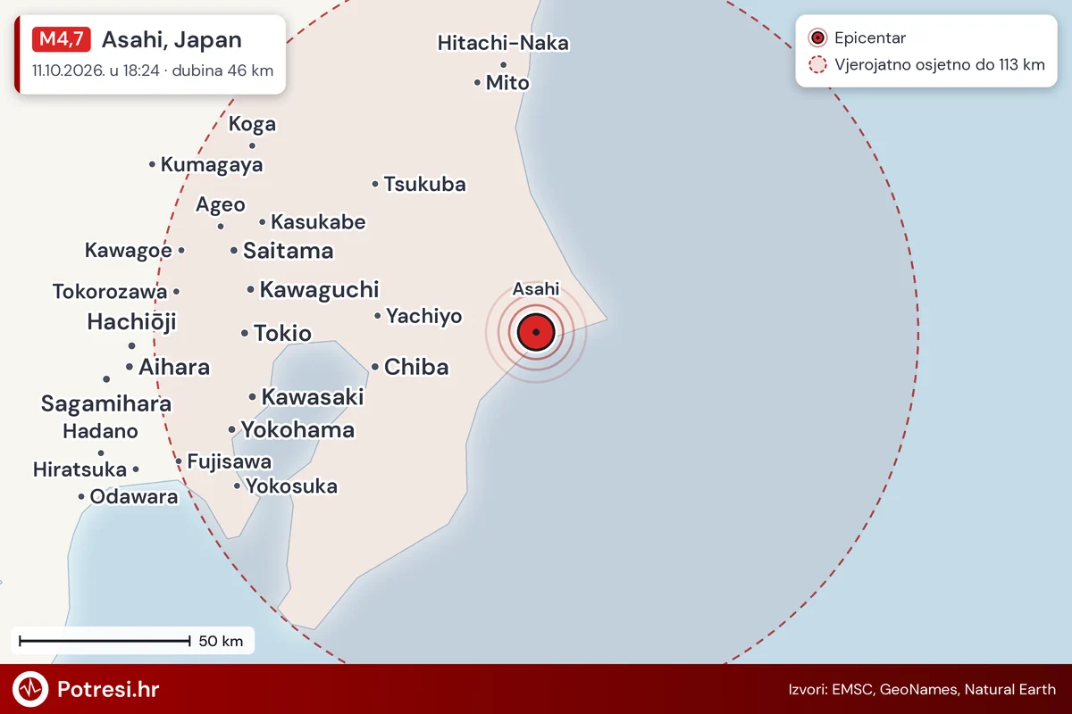 Karta: šire područje i vjerojatni doseg osjeta, potres M4,7, Asahi, Japan, 11.10.2026.