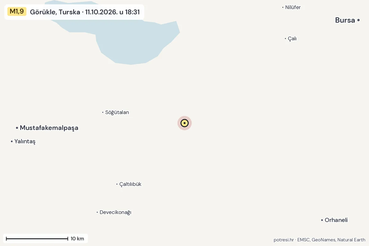 Karta: okolica epicentra, 60 km, potres M1,9, Görükle, Turska, 11.10.2026.