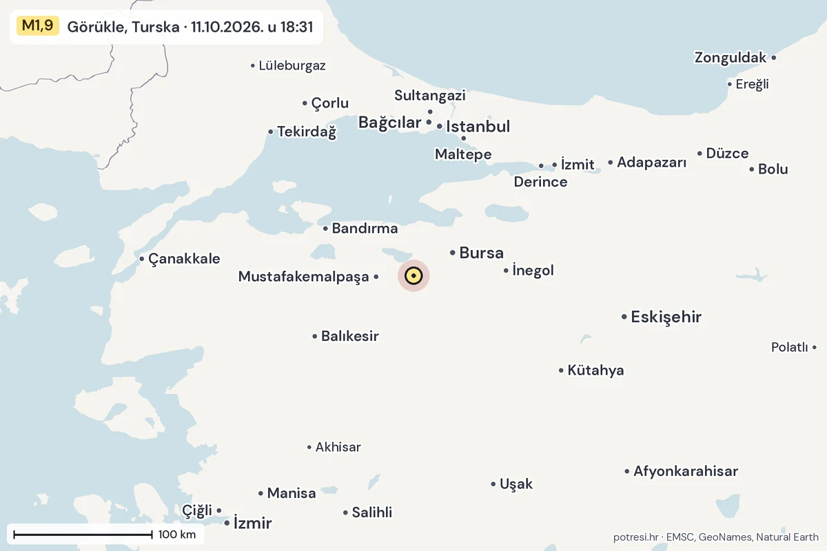 Karta: šire područje, 600 km, potres M1,9, Görükle, Turska, 11.10.2026.