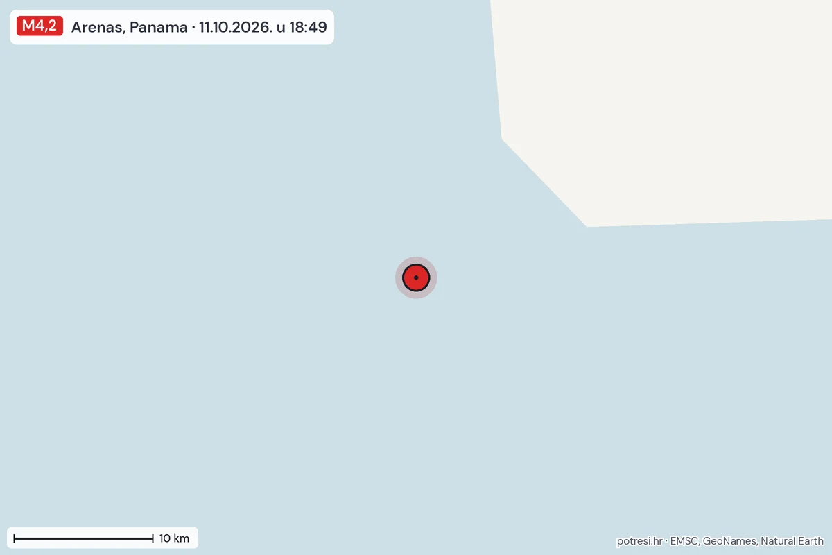 Karta: okolica epicentra, 60 km, potres M4,2, Arenas, Panama, 11.10.2026.