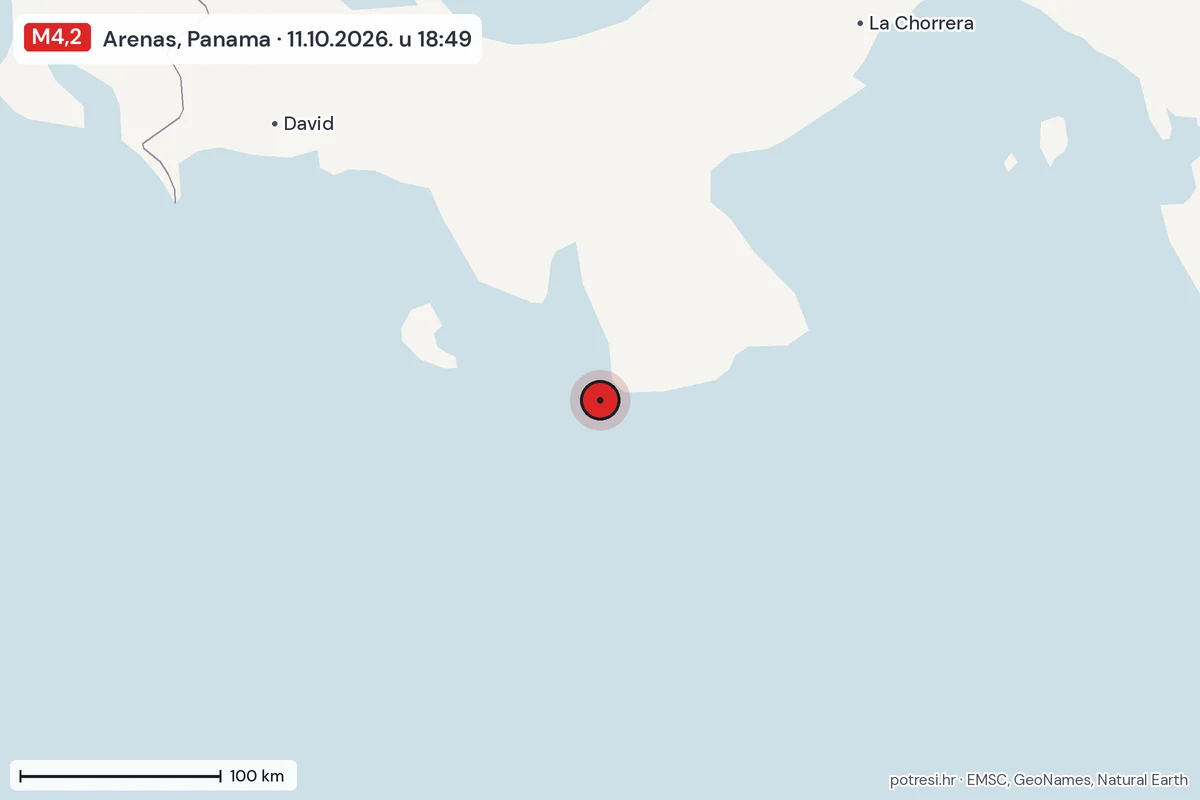 Karta: šire područje, 600 km, potres M4,2, Arenas, Panama, 11.10.2026.