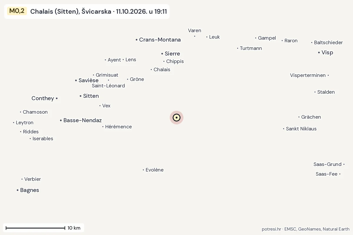 Karta: okolica epicentra, 60 km, potres M0,2, Chalais (Sitten), Švicarska, 11.10.2026.
