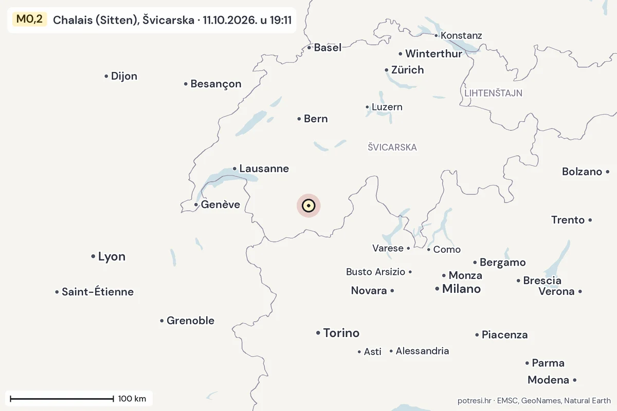 Karta: šire područje, 600 km, potres M0,2, Chalais (Sitten), Švicarska, 11.10.2026.