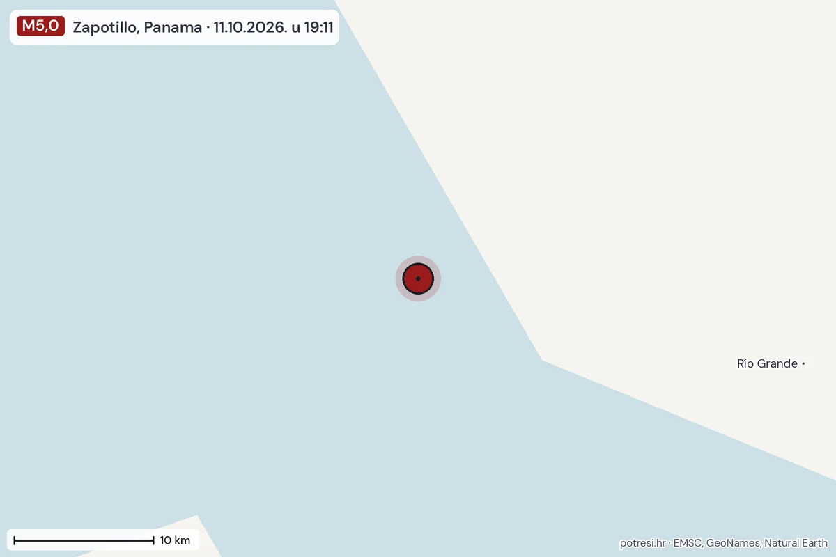 Karta: okolica epicentra, 60 km, potres M5,0, Zapotillo, Panama, 11.10.2026.
