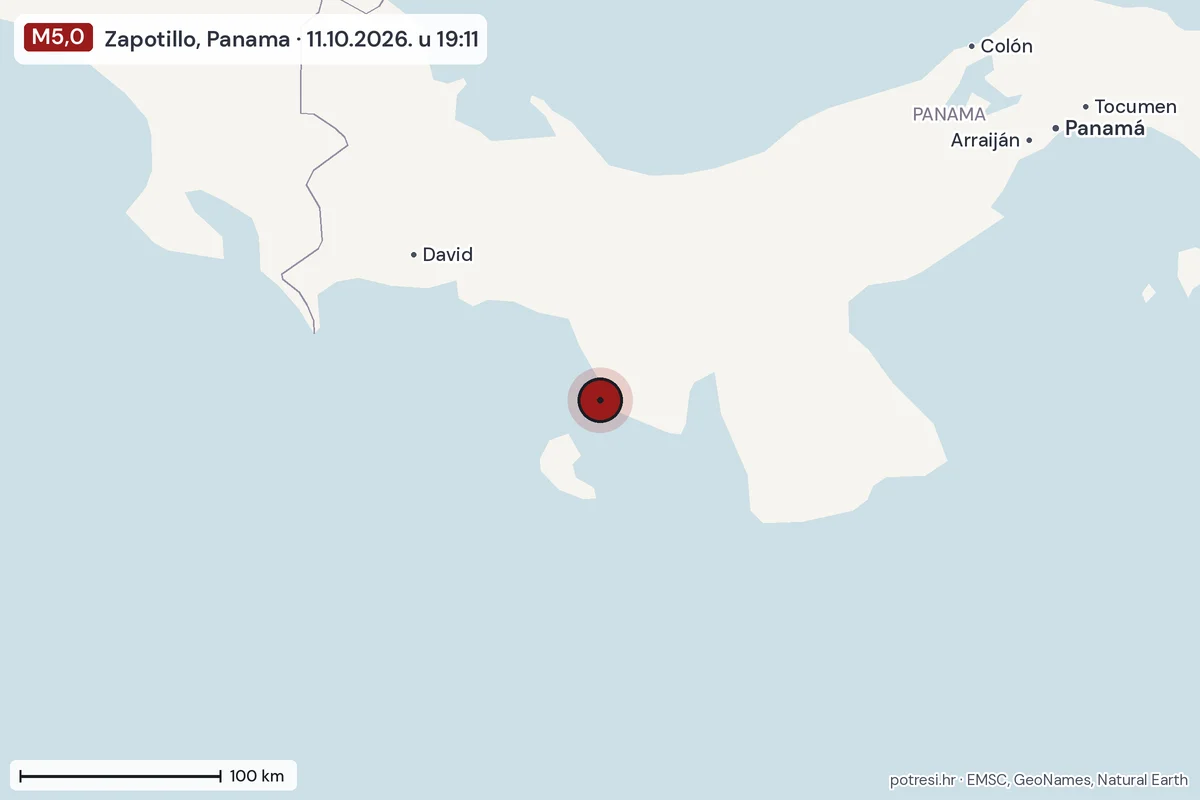 Karta: šire područje, 600 km, potres M5,0, Zapotillo, Panama, 11.10.2026.