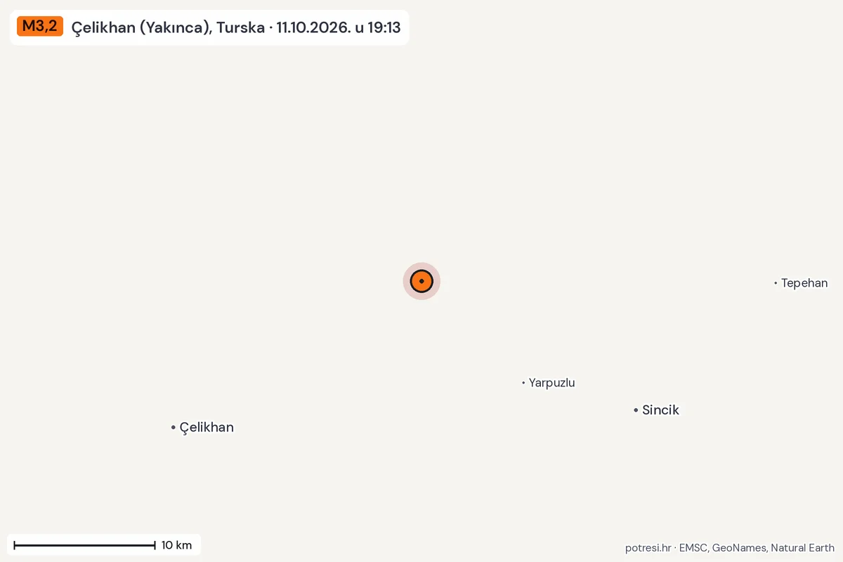 Karta: okolica epicentra, 60 km, potres M3,2, Çelikhan (Yakınca), Turska, 11.10.2026.