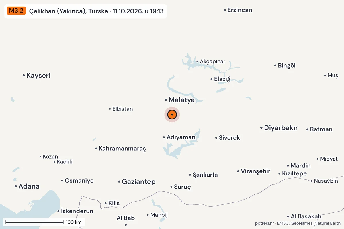 Karta: šire područje, 600 km, potres M3,2, Çelikhan (Yakınca), Turska, 11.10.2026.