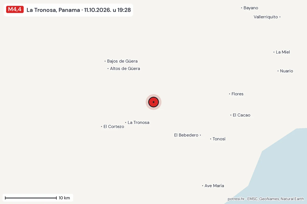 Karta: okolica epicentra, 60 km, potres M4,4, La Tronosa, Panama, 11.10.2026.