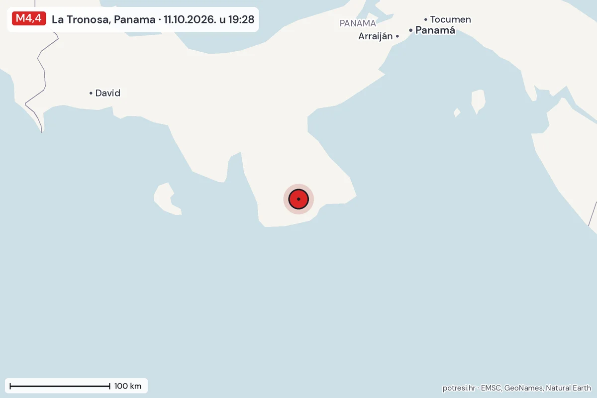 Karta: šire područje, 600 km, potres M4,4, La Tronosa, Panama, 11.10.2026.
