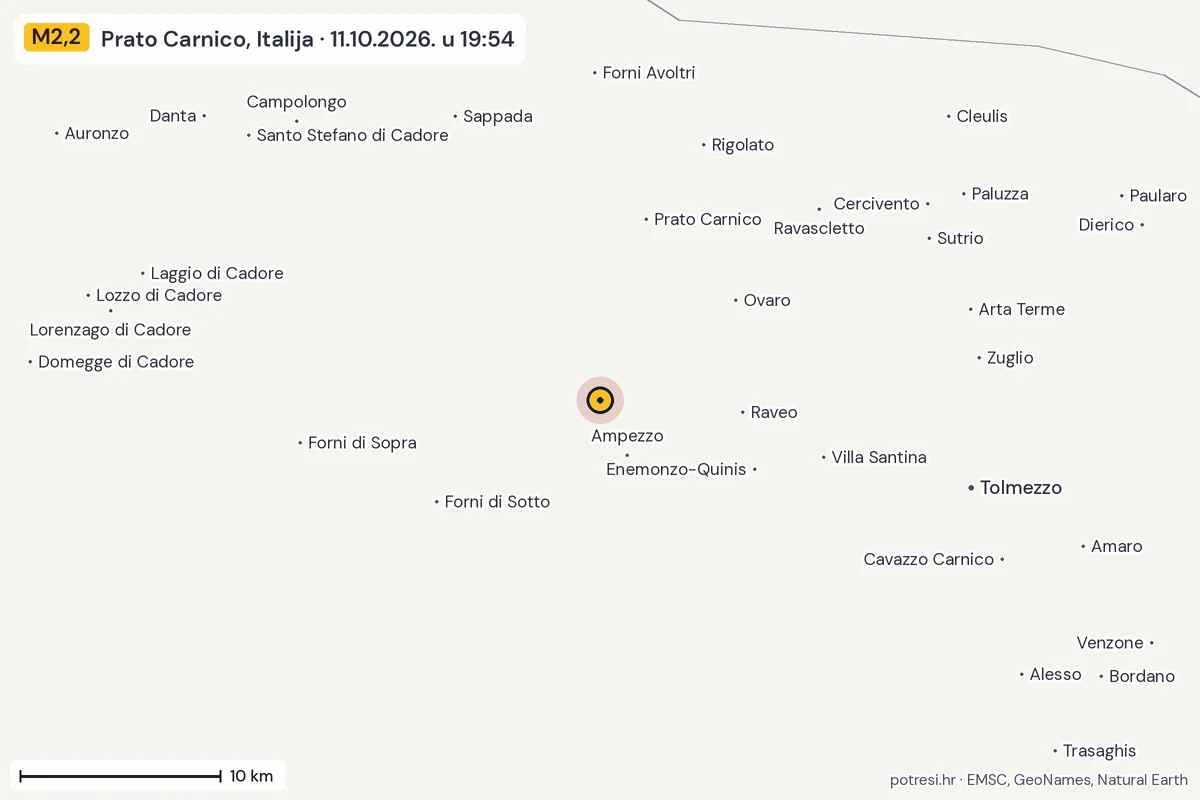 Karta: okolica epicentra, 60 km, potres M2,2, Prato Carnico, Italija, 11.10.2026.