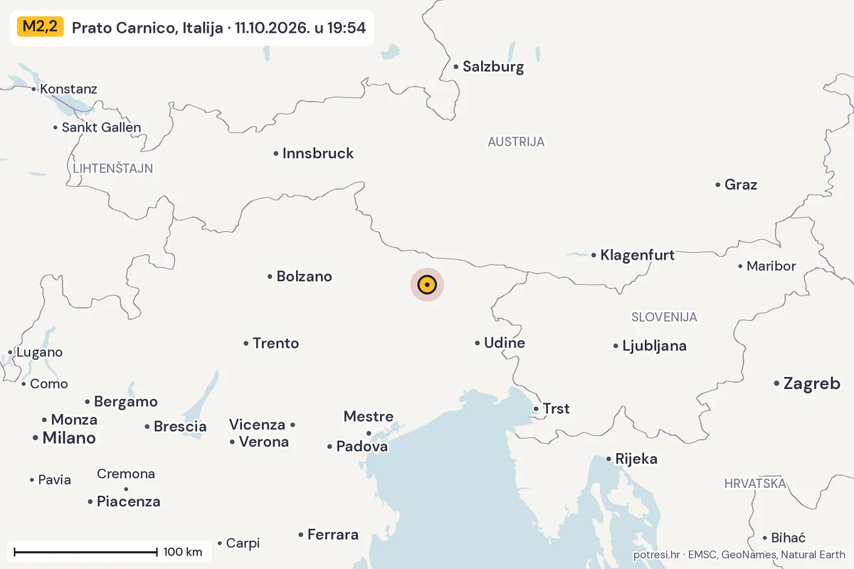 Karta: šire područje, 600 km, potres M2,2, Prato Carnico, Italija, 11.10.2026.