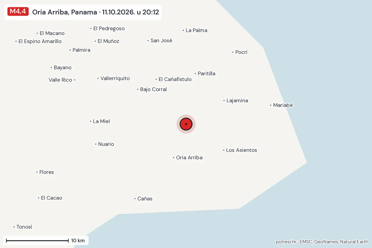 Karta: okolica epicentra, 60 km, potres M4,4, Oria Arriba, Panama, 11.10.2026.