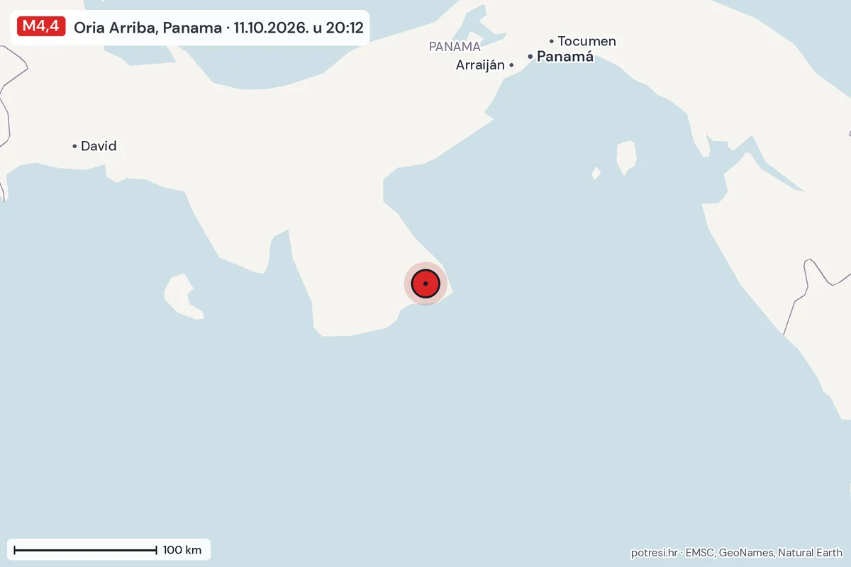Karta: šire područje, 600 km, potres M4,4, Oria Arriba, Panama, 11.10.2026.
