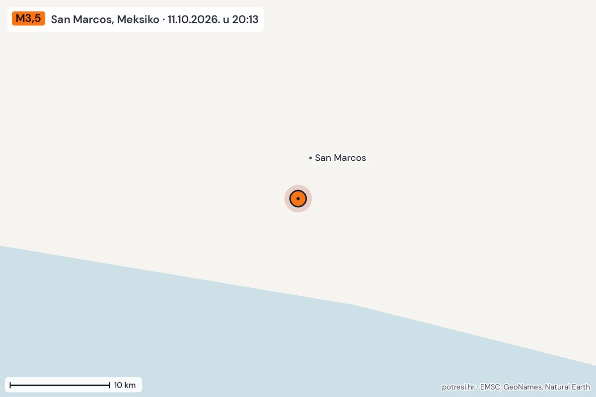Karta: okolica epicentra, 60 km, potres M3,5, San Marcos, Meksiko, 11.10.2026.