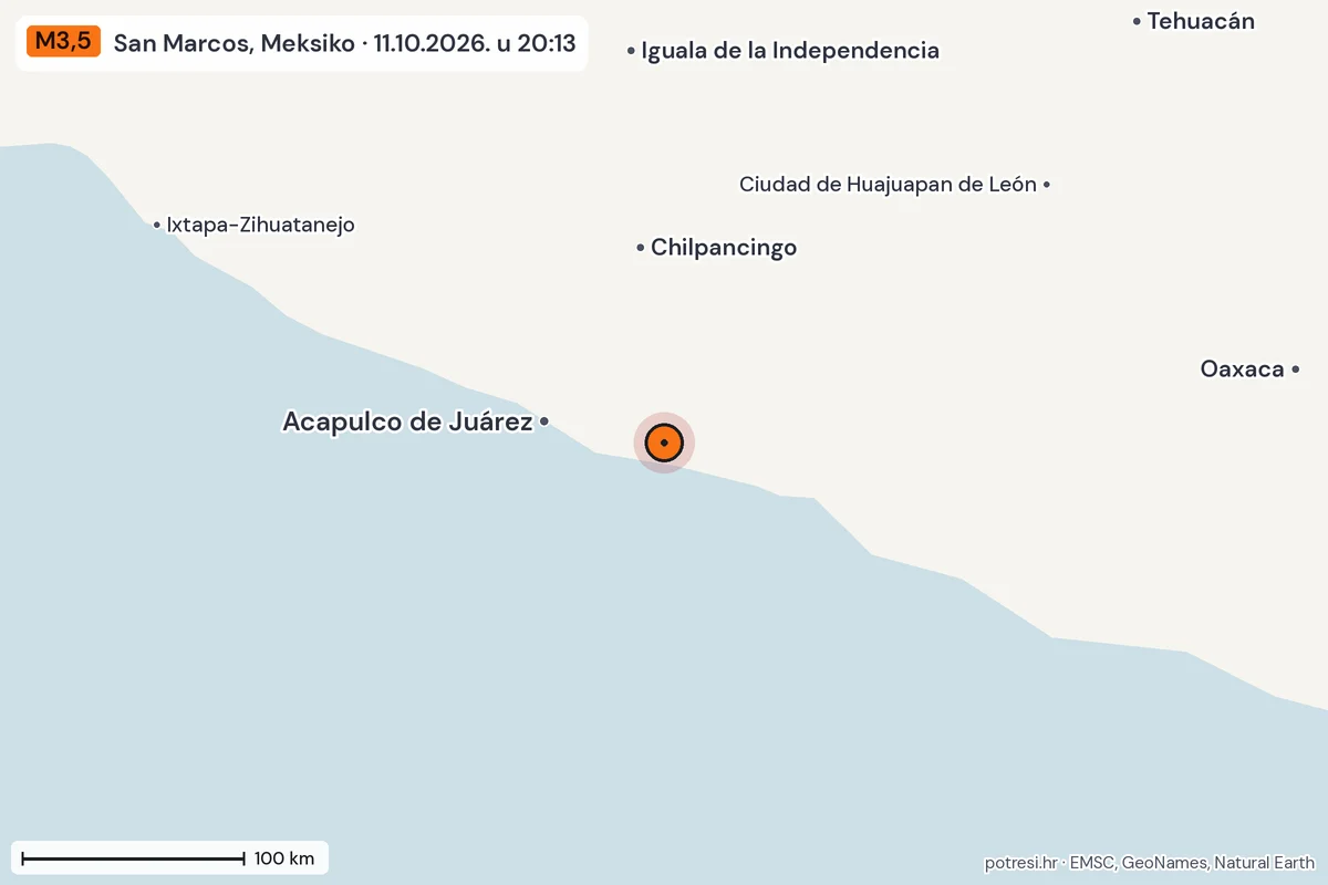 Karta: šire područje, 600 km, potres M3,5, San Marcos, Meksiko, 11.10.2026.
