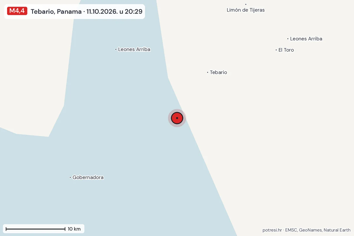 Karta: okolica epicentra, 60 km, potres M4,4, Tebario, Panama, 11.10.2026.